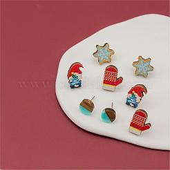 4 Pairs Snowflake & Glove & Christmas Gnome Printed Wood Stud Earrings&nbsp;EJEW-OY001-04