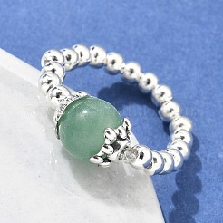 Platinum Tone Iron Bead Natural Mixed Stone Stretch Finger Rings&nbsp;RJEW-JR00142