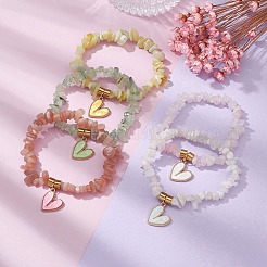 Valentine's Day Theme Alloy and Acrylic Natural Rainbow Moonstone/ Lemon Jade/Prehnite/ Rose Quartz/Sunstone Chip Gemstone Stretch Bracelet with Heart Charm&nbsp;BJEW-JB09579