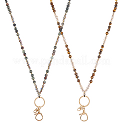Natural African Bloodstone & Natural Tiger Eye & Glass Retractable Badge Reel with Chains&nbsp;HJEW-SC00158