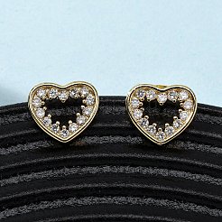 Brass Micro Pave Clear Cubic Zirconia Heart Stud Earrings&nbsp;EJEW-K267-29G