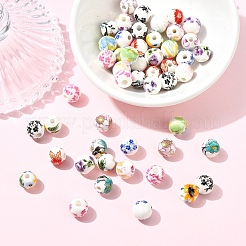 50Pcs 10 Colors Floral Printed Porcelain Beads&nbsp;PORC-YW0001-57