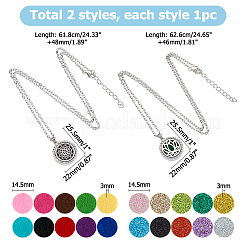 2Pcs 2 Styles Stainless Steel Flat Round with Flower Essential Oil Diffuser Locket Pendant Necklaces for Women&nbsp;NJEW-HS0001-17