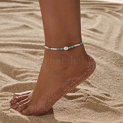 Bohemian Style Resin & Synthetic Turquoise & Rice Plastic Pearl Beaded Stretch Anklets for Women&nbsp;FS-WG314A7-01