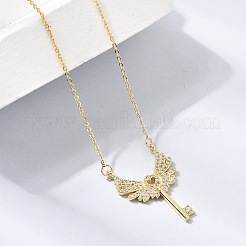 Brass Micro Pave Clear Cubic Zirconia Winged Key Pendant Necklaces&nbsp;CU-CBABA66-13G