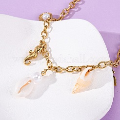 304 Stainless Steel Dolphin Sea Horse & Natural Shell Pendant Necklaces for Women&nbsp;NJEW-F346-07G