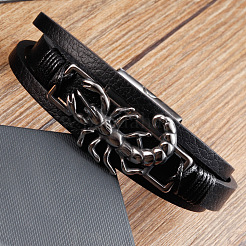 Black Imitation Leather & 316L Stainless Steel Centipede Multi-strand Bracelets with Magnetic Clasps for Men&nbsp;WG416ED-01