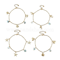 Ocean 304 Stainless Steel Sea Animals and Natural Larimar Chip Charm Anklets for Women&nbsp;AJEW-AN00863