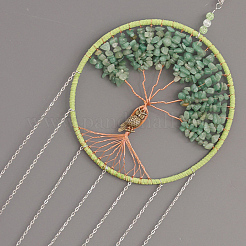 Brass Wire Wrapped Natural Green Aventurine Chips Tree of Life Pendant Decorations&nbsp;HJEW-D302-03