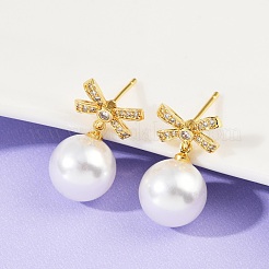 Bowknot Brass Micro Pave Clear Cubic Zirconia Dangle Stud Earrings&nbsp;EJEW-F895-11G