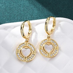 Heart with Flat Round Brass Micro Pave Clear Cubic Zirconia Hoop Earrings&nbsp;KK-D363-11A-G