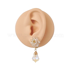 Glass Beaded Flower with Teardrop Dangle Clip-on Earrings&nbsp;EJEW-JE05206
