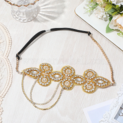 Flower Polyester Rhinestone and Alloy Plastic Pearl Tassel Chain Hair Accessories&nbsp;OHAR-WH20020-02G