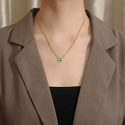 Square Stainless Steel Fern Green Pendant Cuban Link Chain Pendant Necklaces for Unisex&nbsp;QK1004-1