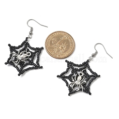 Halloween Theme Spider Web with Spider Handmade Glass Seed Beaded Dangle Earrings&nbsp;EJEW-MZ00481-01
