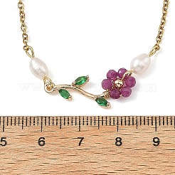 Natural Stone Beaded Flower Brass Pave Green Cubic Zirconia Branch Pendant 304 Stainless Steel Cable Chain Necklaces for Women&nbsp;NJEW-JN06415