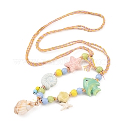Ceramics Starfish Fish & Resin Shell Shape Pendant Adjustable Cotton Cord Necklaces for Women&nbsp;NJEW-Z100-01B-G