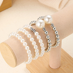 5Pcs 5 Styles Stylish CCB Plastic & Plastic Pearl & Rhinestone Beads Stretch Bracelets for Women&nbsp;WGF408F-01