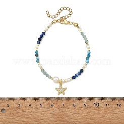 Gradient Natural Apatite & Kyanite Faceted Round Beaded Bracelets with Natural Pearl&nbsp;BJEW-JB14399-02