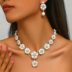 Flower Alloy Crystal Rhinestone & Plastic Pearl Link Chain Necklaces & Stud Dangle Earrings Sets&nbsp;FS-WGC22CC-02