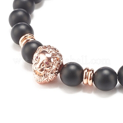Synthetic Black Stone Round Beaded Stretch Bracelet with Brass Lion&nbsp;BJEW-JB07864-01