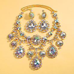 Teardrop Brass Rhinestone Pendant Necklaces & Stud Dangle Earrings Sets&nbsp;FS-WGA5087-01