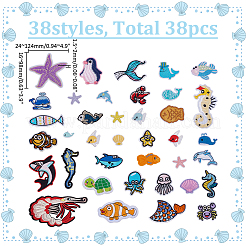 38Pcs Ocean Theme Polyester Computerized Embroidery Iron On/Sew On Patches&nbsp;PATC-WR0001-28