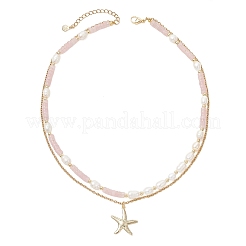 Natural Rose Quartz Heishi Beads and Rice Natural Pearl Beaded Double Layer 304 Stainless Steel Starfish Pendant Necklaces&nbsp;NJEW-JN05847-03