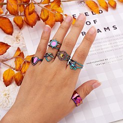9Pcs 9 Style Rainbow Color 304 Stainless Steel Heart & Star & Word Love Cuff Rings&nbsp;RJEW-SZ0001-20