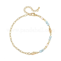 Faceted Cube Natural Larimar Brass Paperclip Chain Anklets with Natural Pearl for Women&nbsp;AJEW-AN00887