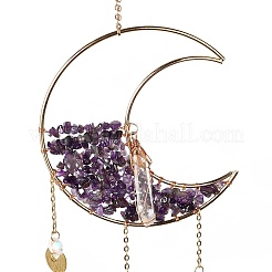 Natural Amethyst Chips Beaded Moon Hanging Sun Catchers&nbsp;HJEW-M004-02