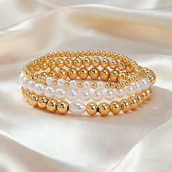 3Pcs 3 Styles Brass & Plastic Imitation Pearl Round Beads Stretch Bracelets for Women&nbsp;TJ3268-1