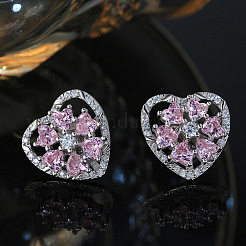 Rhodium Plated 925 Sterling Silver Rotating Heart Stud Earrings&nbsp;EJEW-L270-01P