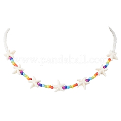 Synthetic Turquoise Starfish and Glass Seed Beaded Chakra Necklaces&nbsp;NJEW-JN05774