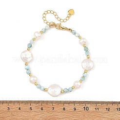Faceted Round Natural Larimar and Keshi Pearl Coin Beaded Bracelets&nbsp;BJEW-JB14469