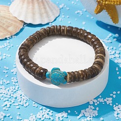 Natural Coconut Disc & Synthetic Turquoise Turtle Beaded Stretch Bracelet&nbsp;BJEW-JB09699-05