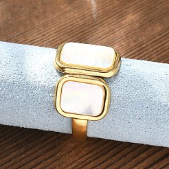 Rectangle 304 Stainless Steel White Shell Cuff Rings for Women&nbsp;RJEW-G346-04G-02