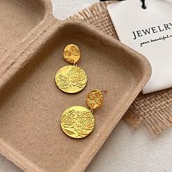 Flat Round with Rose Pattern Brass Stud Dangle Earrings&nbsp;FS-WGFCD7A-01