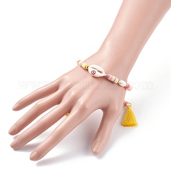 Natual Shell with Evil Eye & Pearl Braided Bead Bracelet&nbsp;BJEW-TA00049-01