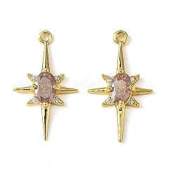 Brass Micro Pave Cubic Zirconia Pendants, Cadmium Free & Nickel Free & Lead Free, Real 18K Gold Plated, Star, Rosy Brown, 21x12x3.5mm, Hole: 1.2mm