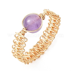 Copper Wire Wrapped Natural Gemstone Braided Bead Rings for Women&nbsp;RJEW-JR00951