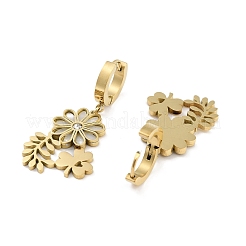 Left and Right Clover & Flower 304 Stainless Steel Shell Dangle Earrings&nbsp;EJEW-L283-068G