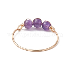 Copper Wire Wrapped Round Natural Amethyst & Rose Quartz & Green Aventurine & Carnelian Bead Rings for Women&nbsp;RJEW-JR00852-02