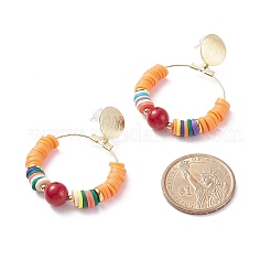 Natural Mashan Jade & Polymer Clay Beaded Big Ring Dangle Stud Earrings&nbsp;EJEW-TA00075-02