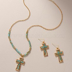 Cross Zinc Alloy Glass Pendant Necklaces & Dangle Earrings&nbsp;FS-WG71EA0-01