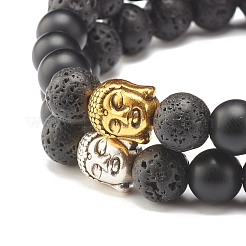 2Pcs 2 Color Natural Lava Rock & Synthetic Black Stone Stretch Bracelets Set with Buddha Head&nbsp;BJEW-JB07707