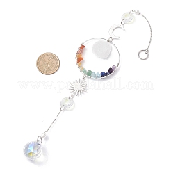 Brass Ring & Chakra Natural Mixed Gemstone Chips Hanging Suncatchers&nbsp;HJEW-JM04487