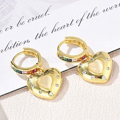 Brass Micro Pave Cubic Zirconia and Cat Eye Beads Heart Hoop Dangle Earrings&nbsp;KK-CBAD9DF-01G