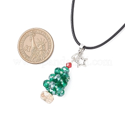 Electroplate Glass Beaded Dark Cyan Christmas Tree & Alloy Star Pendant Black Waxed Cotton Cord Necklaces&nbsp;NJEW-MZ00123-01
