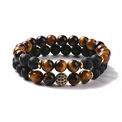 2Pcs Natural Mixed Stone and Brass Cubic Zirconia Beads Stretch Bracelets Set for Women Men&nbsp;BJEW-JB08942